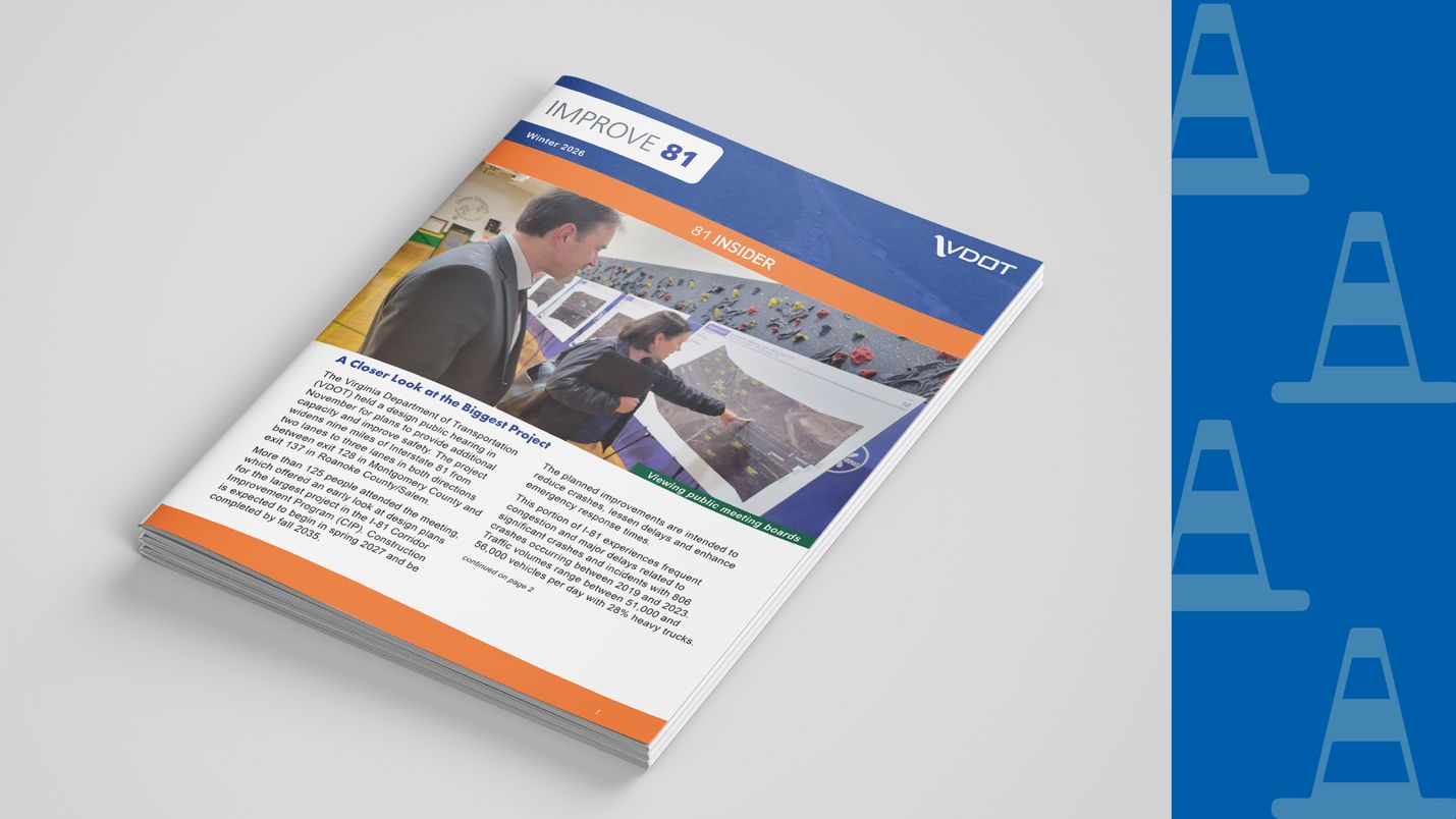 Stylized image of a newsletter cover, with a large photo of two people at a public meeting, as well as text and graphics