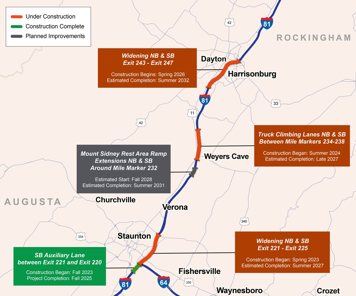 Map showing five I-81 CIP projects between Staunton and Harrisonburg with their timeline for construction