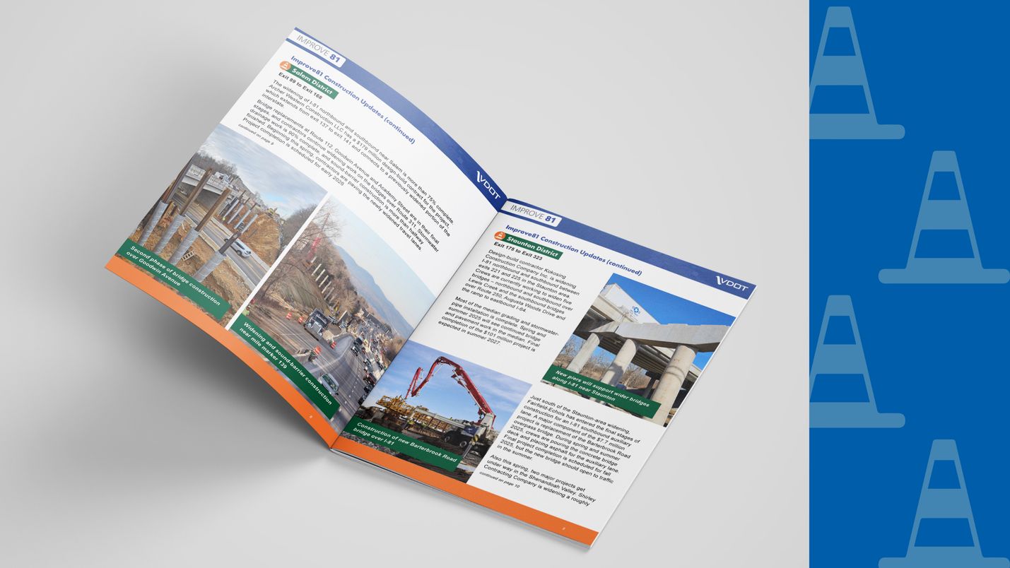 Image of the Improve81 spring newsletter, opened to an inside page showing text and construction photos