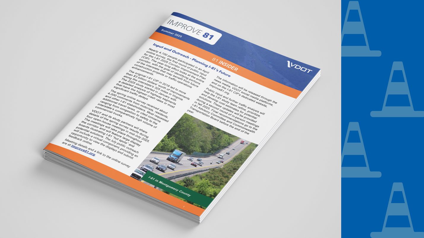 Stylized image of an Improve81 newsletter cover, showing blue and orange graphics, an image of interstate traffic, and two columns of text