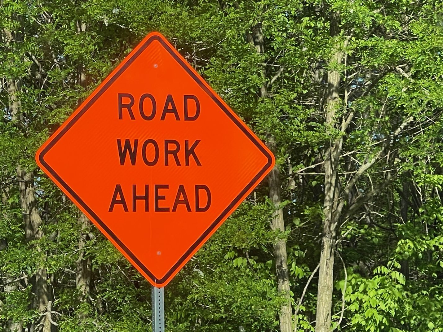 road work ahead with trees