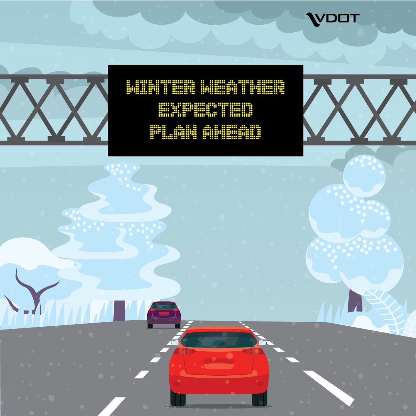interstate overhead sign with winter weather message