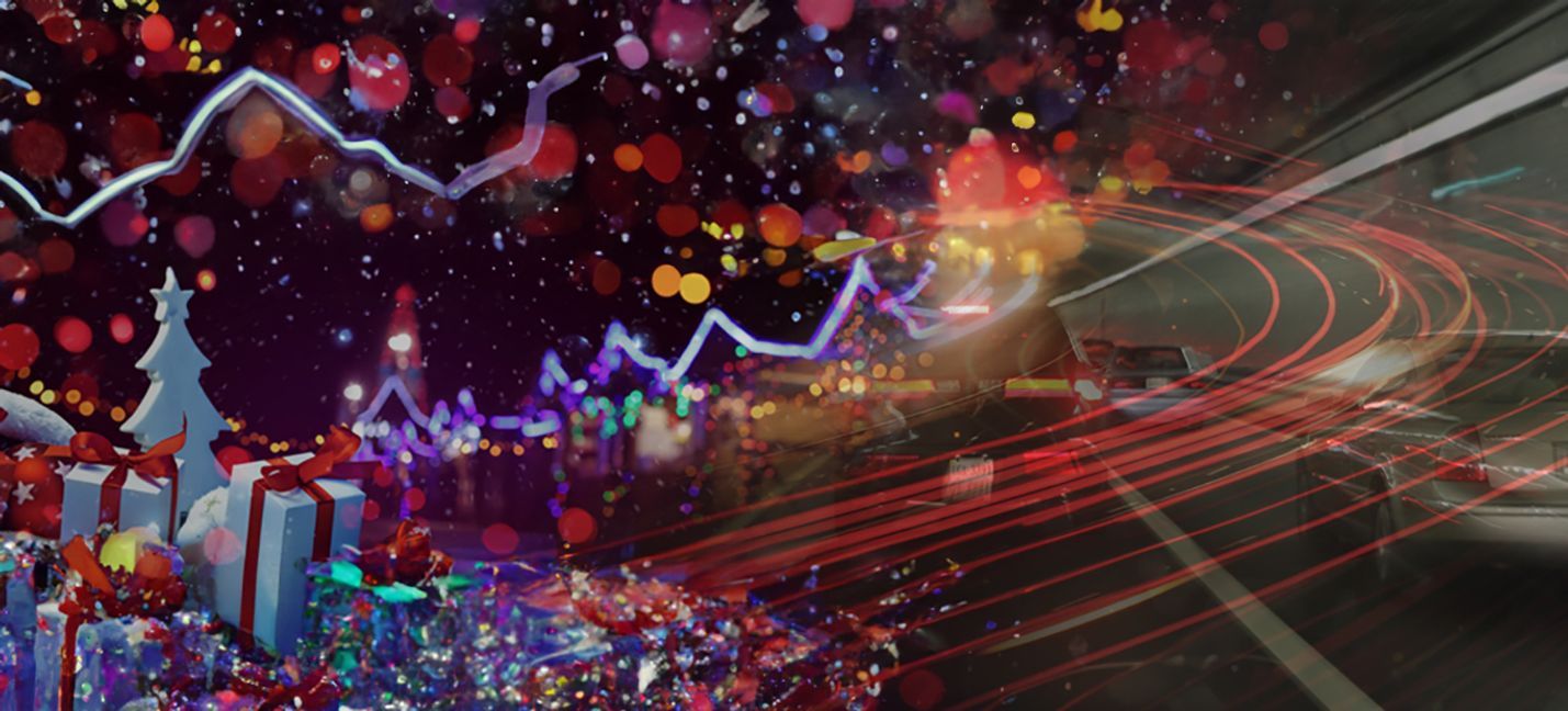 A collage showing presents, holiday lights and cars traveling