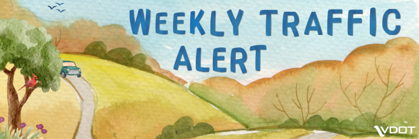 A watercolor-style illustration of a car driving along a winding road. Trees and mountains are visible along with the words Weekly Traffic Alert in the sky.