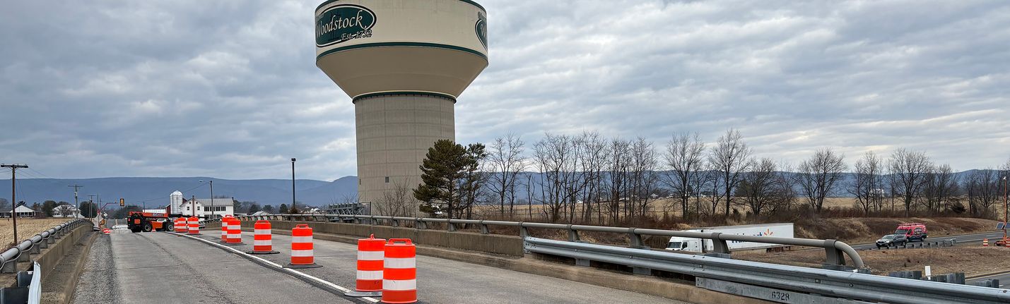 Route 604 bridge over I-81 with Woodstock water tower in background