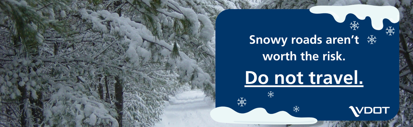 Snow-covered road with graphic that reads 