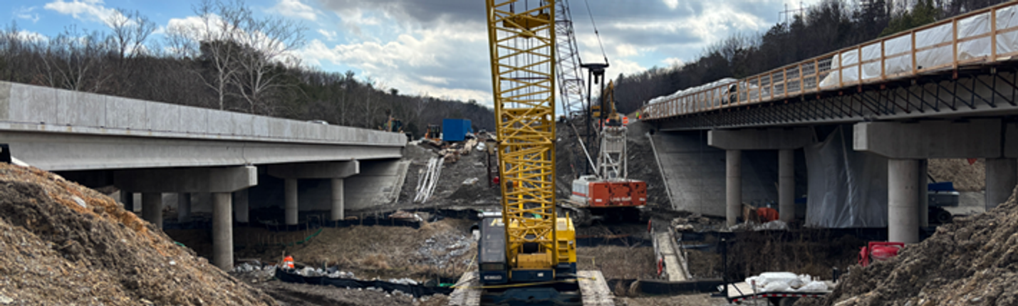 Construction zone showing two bridges under construction along I-81 near Staunton