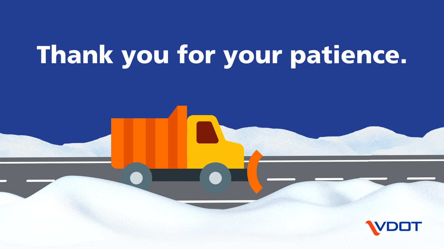 Simplified illustration of a yellow and orange snowplow working under a dark-blue sky. White text in the sky reads, Thank you for your patience.