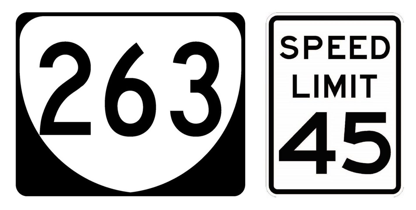 Two road sides - Route 263 and Speed Limit 45