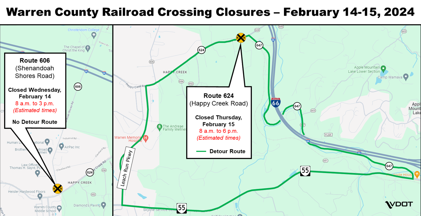 Map showing railroad crossing closures on Route 606 and Route 624 in Warren County