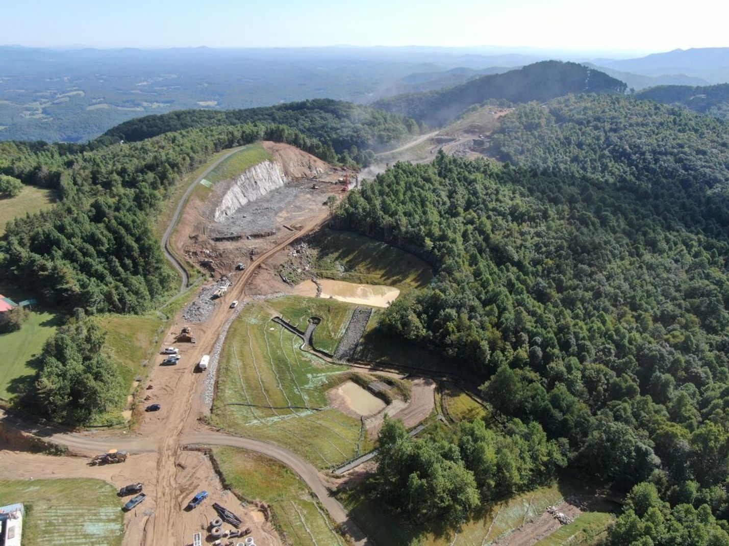 Construction aerial photo on mountain showing construction activities