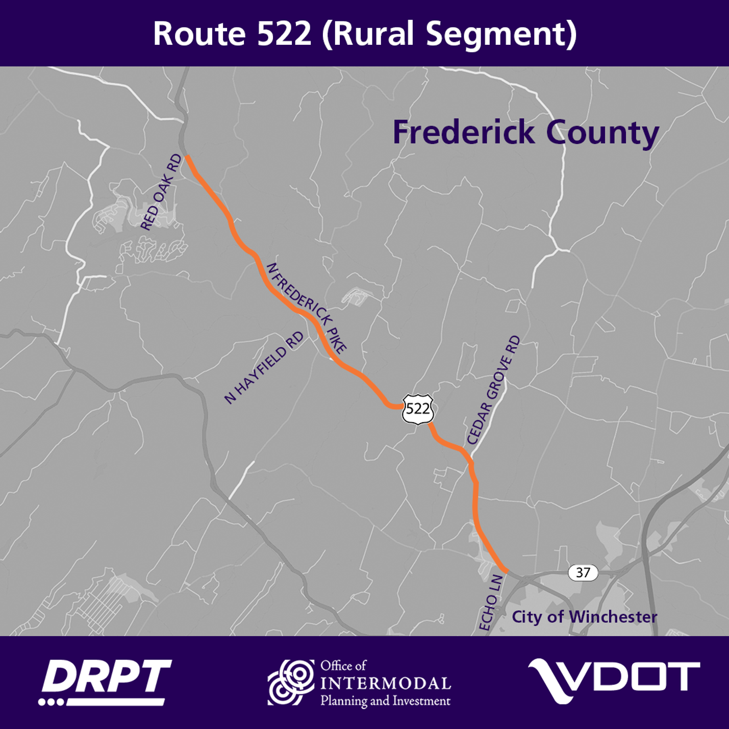 Map of the northwestern portion of Frederick County, Virginia, with an orange line highlighting part of Route 522