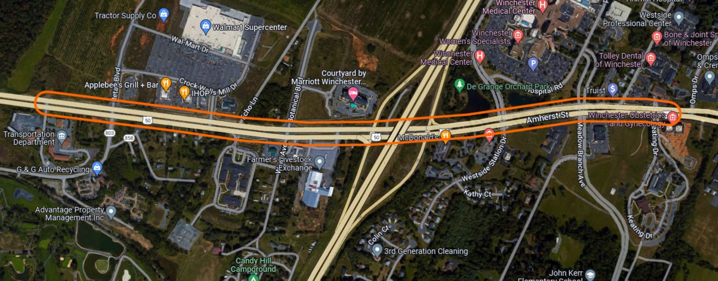 Map showing study area of Route 50 STARS study in Frederick County and Winchester