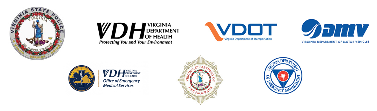 Logos of Virginia agencies: State Police, DMV, VDH, Emergency Medical Services, Fire Programs, Emergency Management