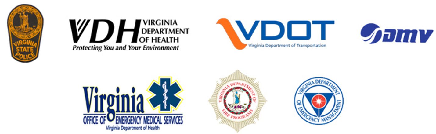 Logos of Virginia agencies: State Police, DMV, VDH, Emergency Medical Services, Fire Programs, Emergency Management