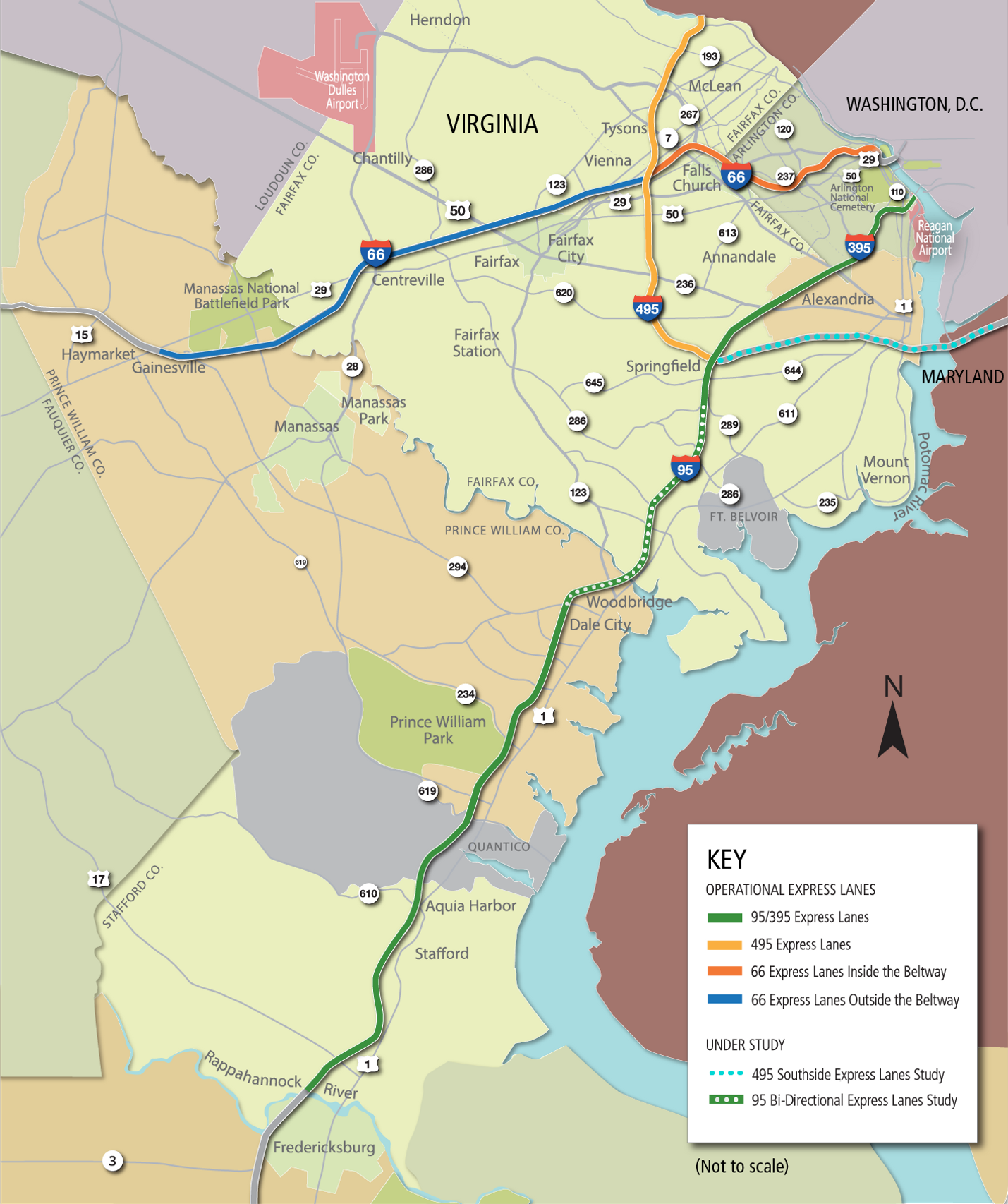 Map of northern Virginia Express Lanes between Herndon (north) to Fredericksburg (south) and Alexandria (east) to Haymarket (west). Operational express lanes shown are: 95/395, 495, 66 Inside the Beltway, and 66 Outside the Beltway. Under study lanes shown are: 495 Southside Express Lanes and 95 Bi-Directional Express Lanes.