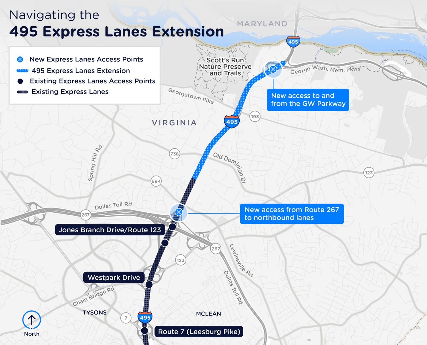 Map of 495 Express Lanes in McLean, VA, showing existing 495 Express Lanes to original terminus point near Lewinsville Road. 495 Express Lanes Extension continues to new terminus at George Washington Memorial Parkway. Original 495 Express Lanes access at Route 7, Westpark Drive, and Jones Branch Drive/Route 123, and new access at Route 267 and George Washington Memorial Parkway are shown.