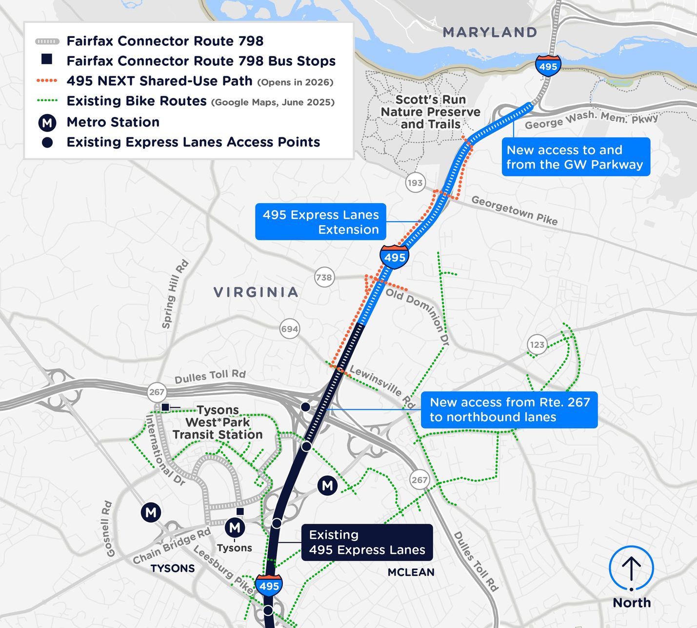 Map showing new 495 Express Lanes and their connections to other travel options in the area