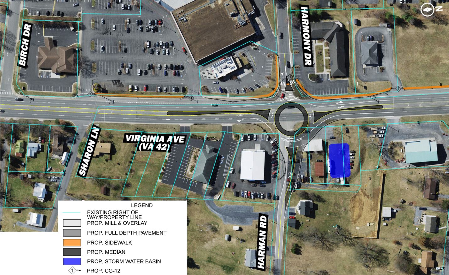 Aerial image depicting the proposed roundabout at the intersection of Virginia Avenue and Harmony Drive/Harman Road with a median on Virginia Avenue extending from the roundabout to just south of the northern entrance to the Harmony Square Shopping Center.