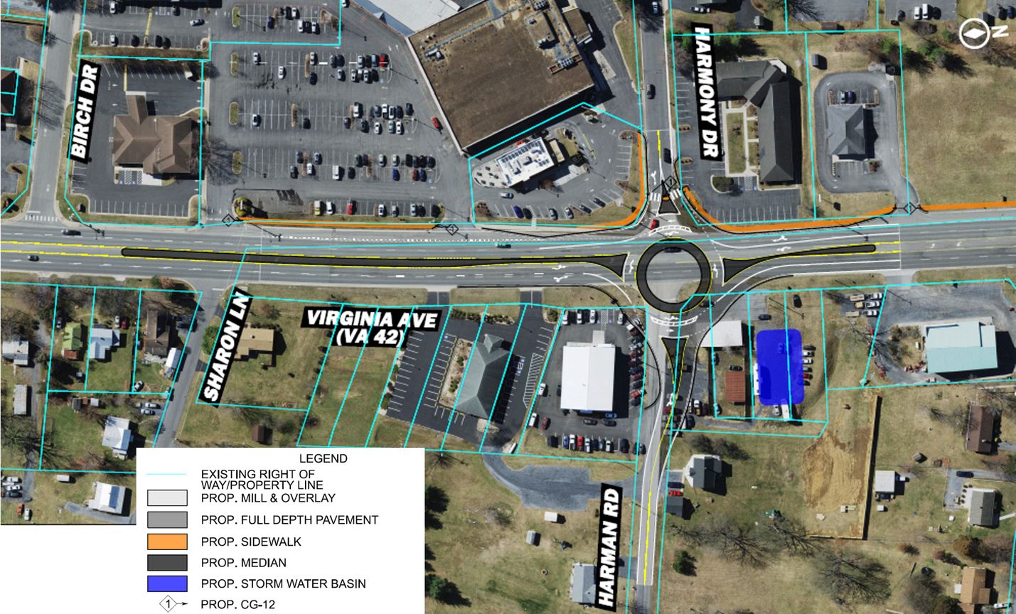 Aerial image depicting the proposed roundabout at the intersection of Virginia Avenue and Harmony Drive/Harman Road with a median on Virginia Avenue extending from the roundabout to just south of Sharon Lane.