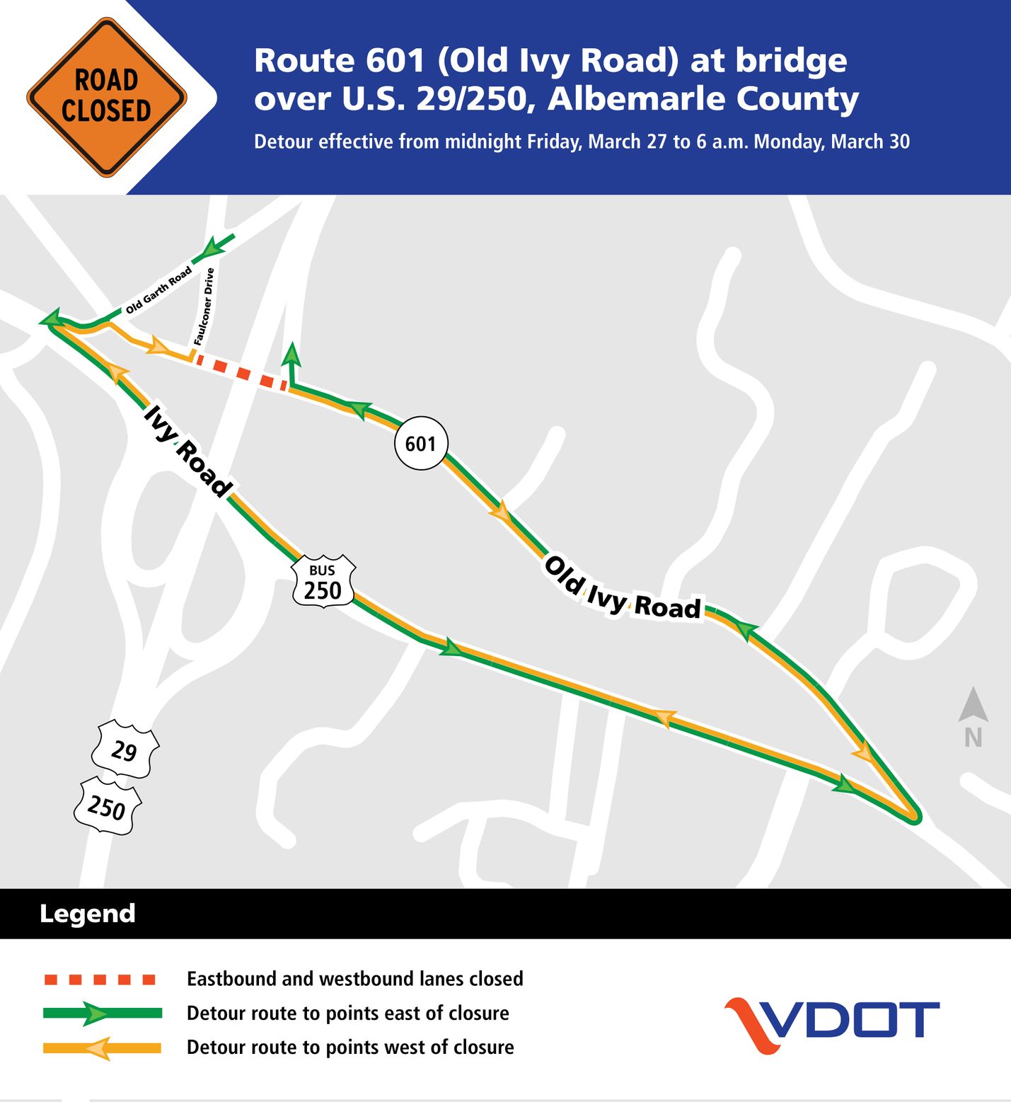 Culpeper District | Rt. 601 (Old Ivy Rd.) to close over U.S. 29/250 in ...