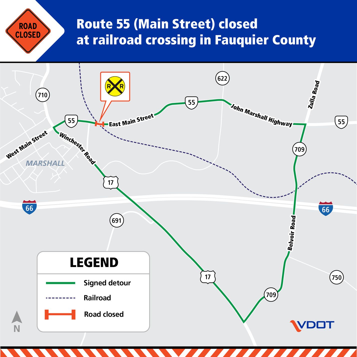 Map showing a road closure on Route 55 at a railroad crossing in Fauquier County. A detour is marked with a green line along West Main Street, Winchester Road, Belvoir Road, and John Marshall Highway and includes the VDOT logo.