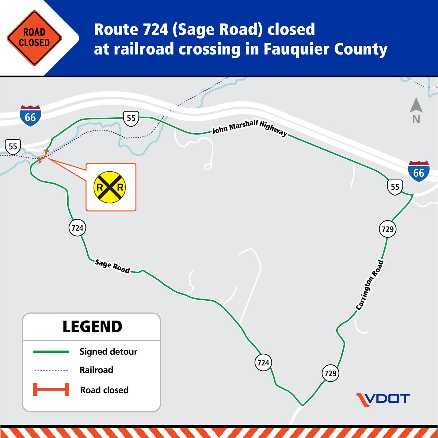 Map showing Route 724 closed at a railroad crossing in Fauquier County. A green line shows the detour route around the closure via John Marshall Highway and Carrington Road. The VDOT logo is in the bottom corner.