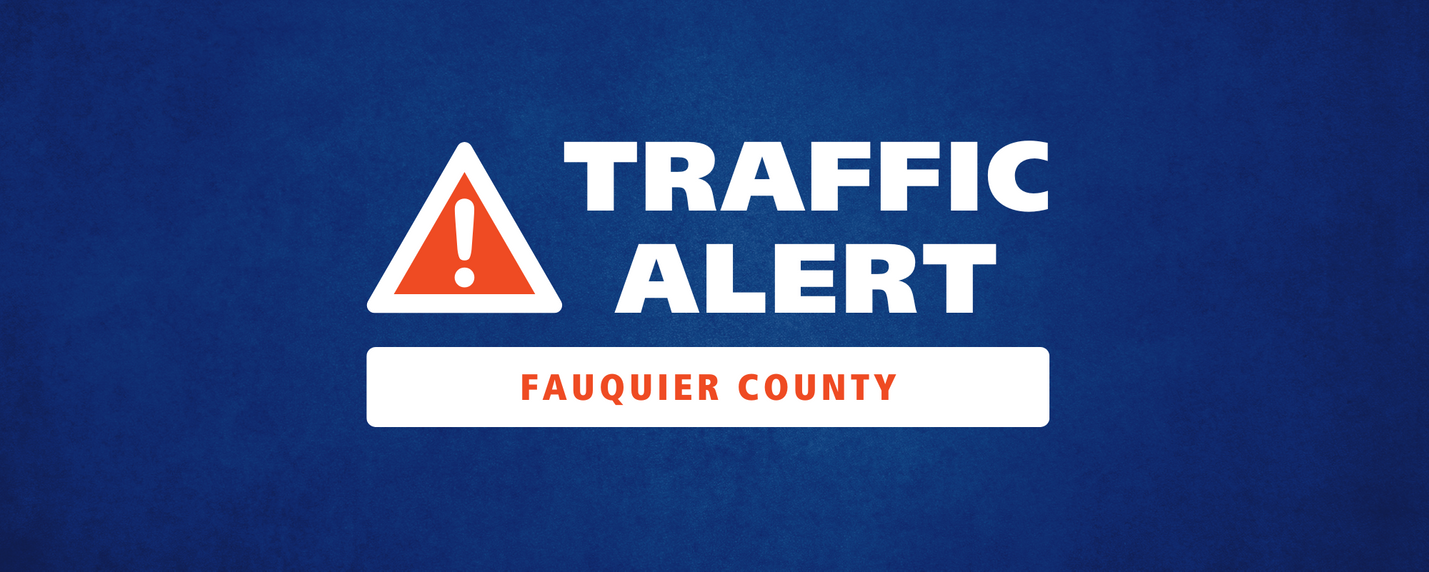 A blue graphic with the words, Traffic Alert and Fauquier County and an alert symbol.