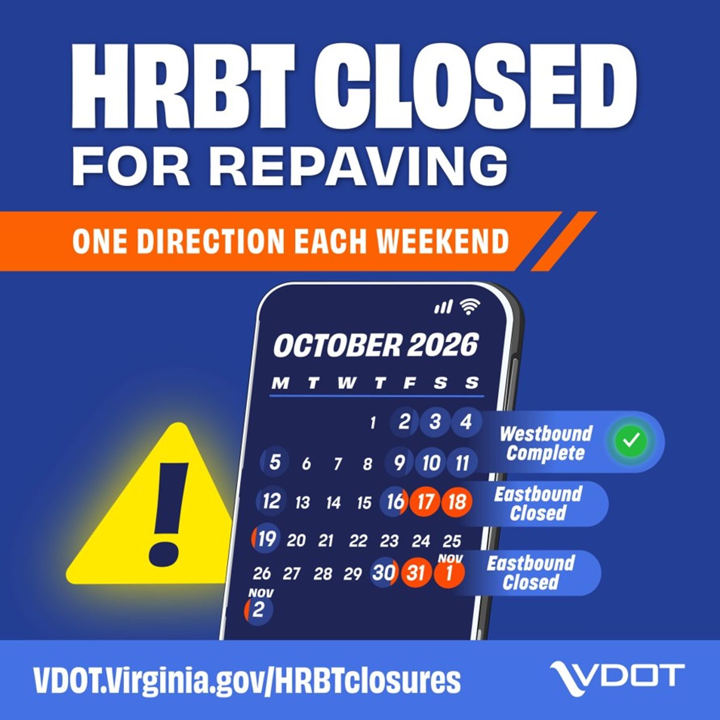 HRBT repaving westbound weekends complete eastbound weekends upcoming
