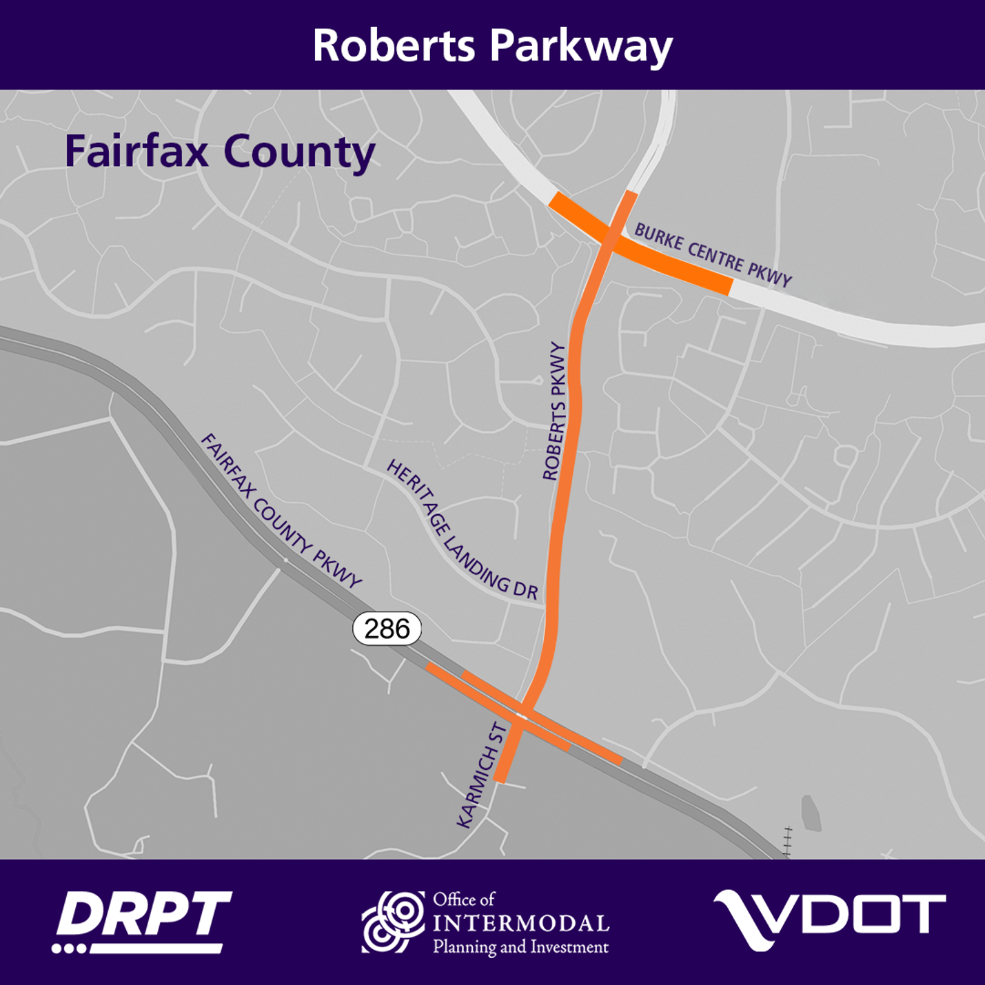 Roberts Parkway Project Pipeline Study Map. The affected area of Roberts Pkwy and some surrounding streets are colored orange. Click the survey to find out what kinds of changes VDOT presents as potential improvements for this stretch of Roberts.