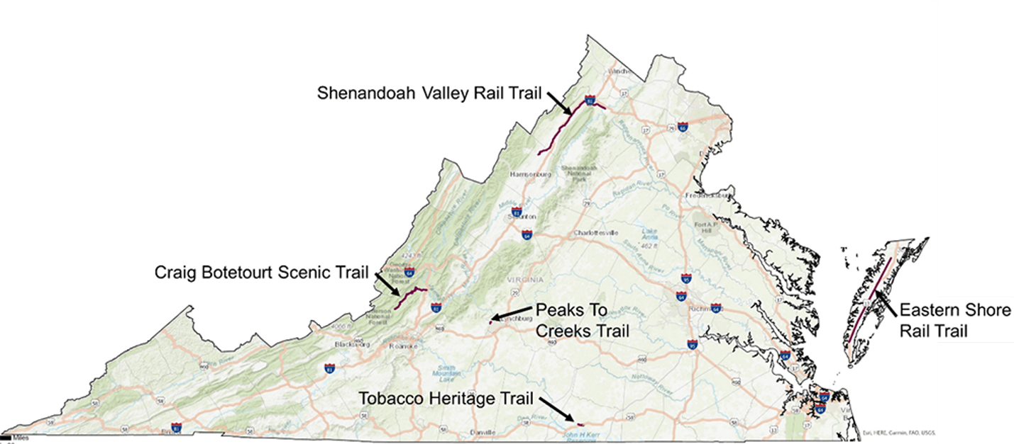 a map showing the location of the 5 general assembly identified trails