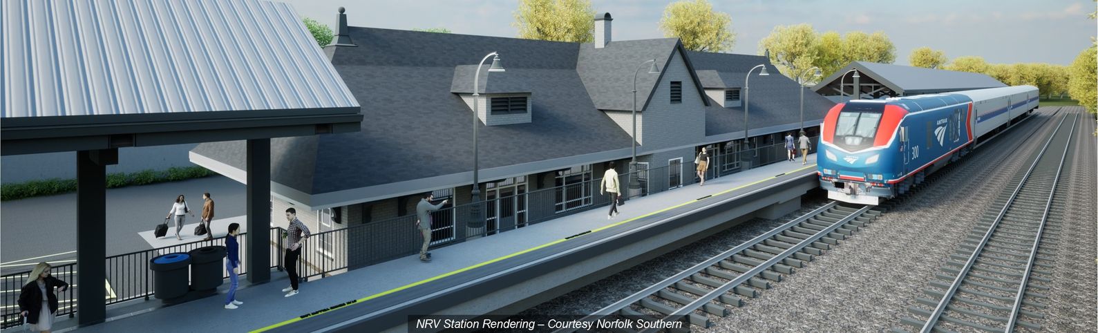 Computer rendering of a passenger train station, showing an approaching train and people on a trackside platform. Overlay text reads, NRV Station Rendering - Courtesy Norfolk Southern