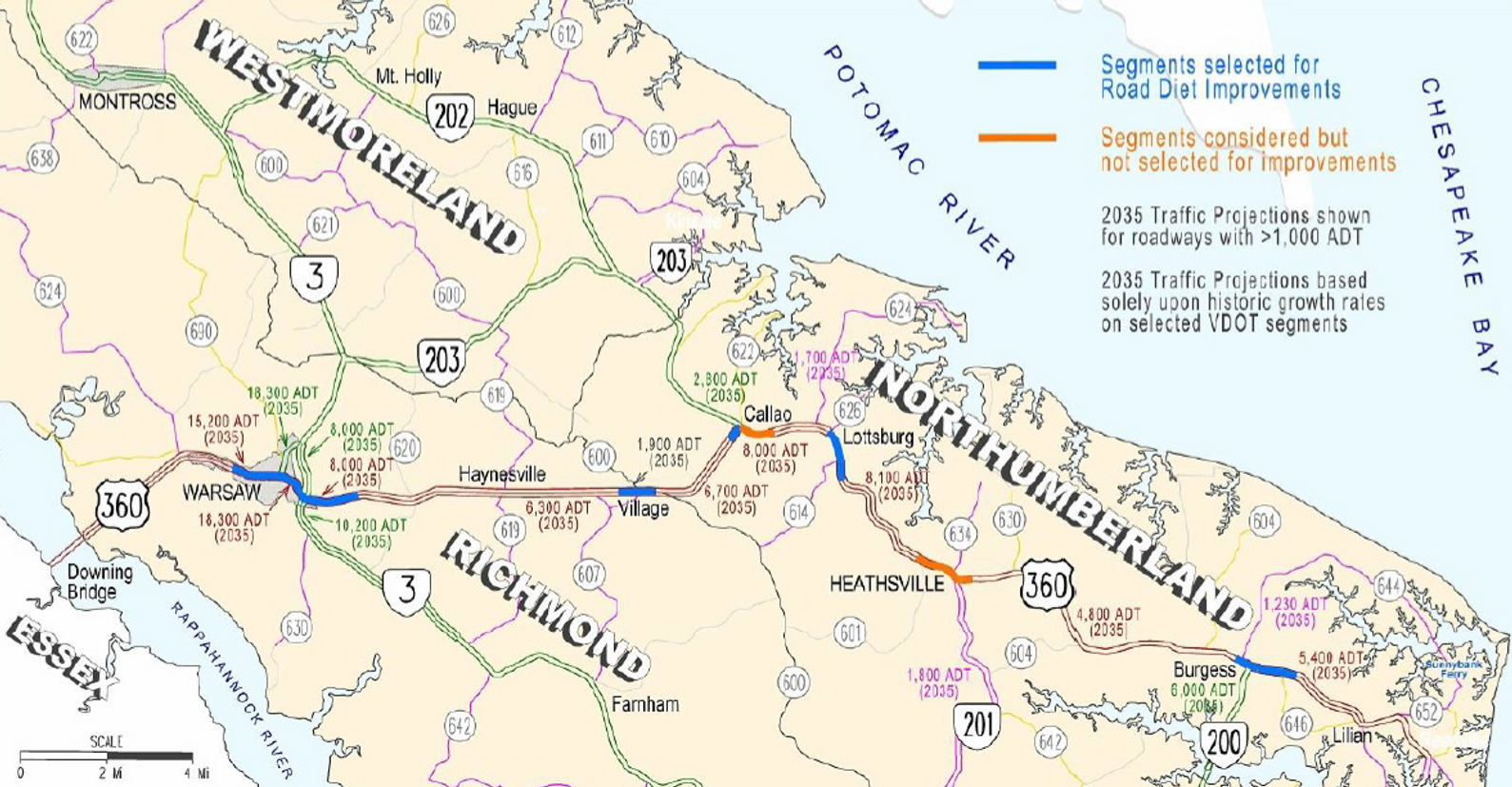 Route 360 road diet: Multiple locations, Warsaw to Burgess | Virginia ...