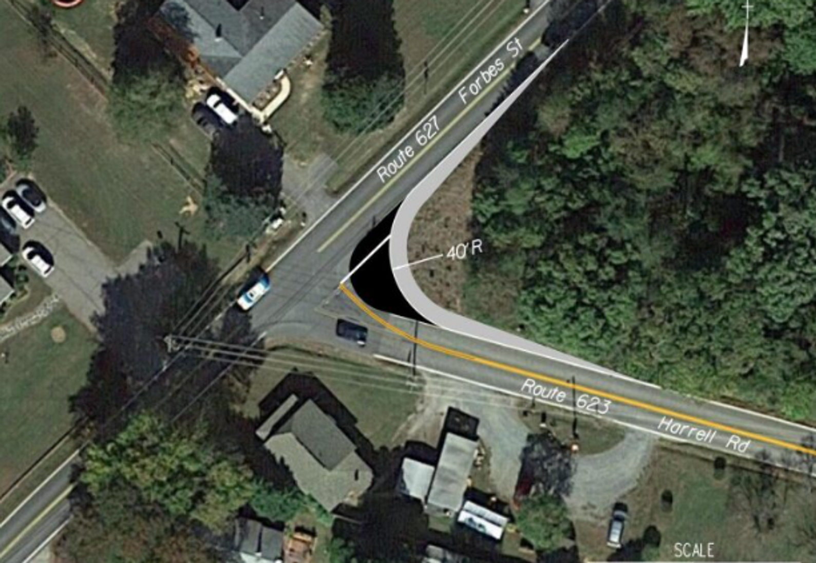 Route 623 (Harrell Road) and Route 627 (Forbes Street