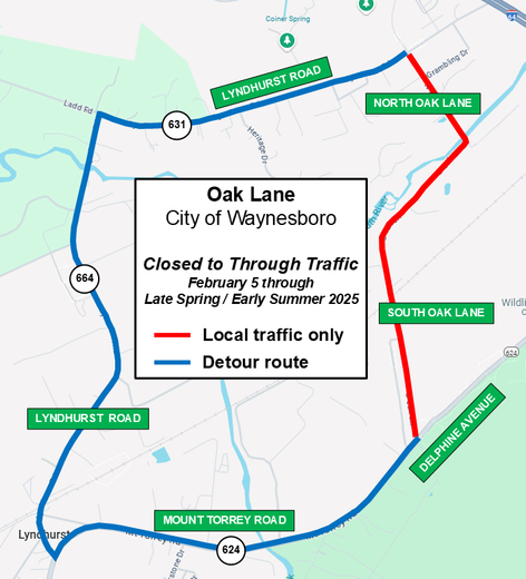 Map showing Oak Lane closure for through traffic and associated detour route