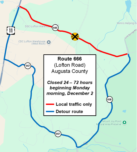 Google-based map showing detour route, using parts of Route 11, Route 667 and Route 608