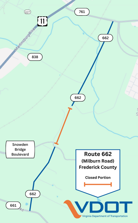 Map of a portion of Frederick County showing a portion of Route 662 to be closed