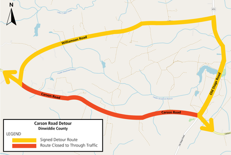A map showing the detour of Carson Road using Williamson Road and Old Stage Road.