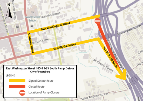 A map showing the detour route from the Washington Street ramp from the Wythe Street ramp.