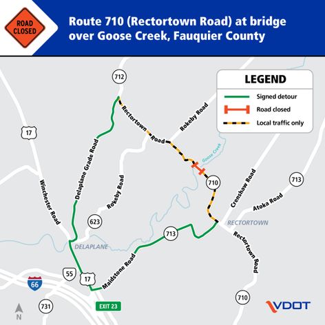 A detour map showing the route around a closure on Rectortown Road via Delaplane Grade Road, Rokeby Road, Winchester Road, and Maidstone Road.