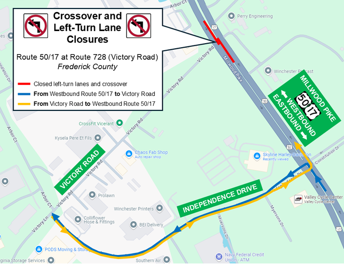 Map showing the intersection of Route 50/17 and Victory Road in Frederick County, along with an alternate route using Independence Boulevard