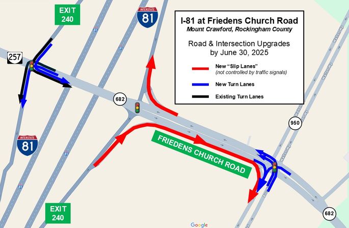 Map of traffic pattern changes at the intersection of I-81 and Route 257 at exit 240 in Rockingham County. A full description of the traffic-pattern changes is in the accompanying news release.