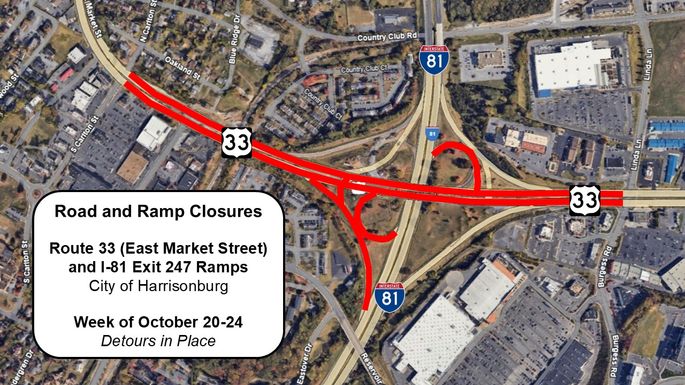 Aerial photo of area surrounding I-81 exit 247 interchange with Route 33 at Harrisonburg. Red lines show roadway and ramp closures. Text reads, 