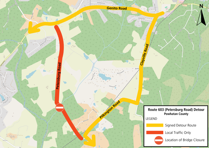 A map showing the closure of Petersburg Road and detour routes.