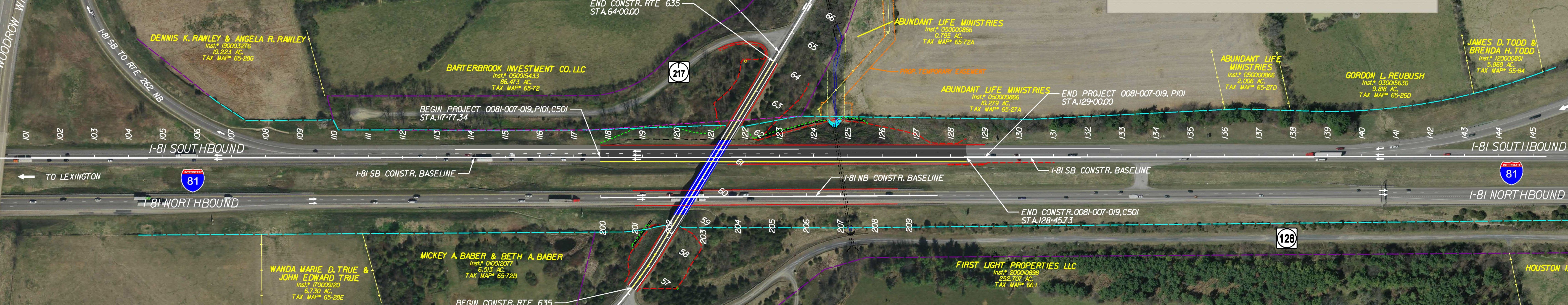 Roadway design plans showing bridge replacement and additional interstate lane