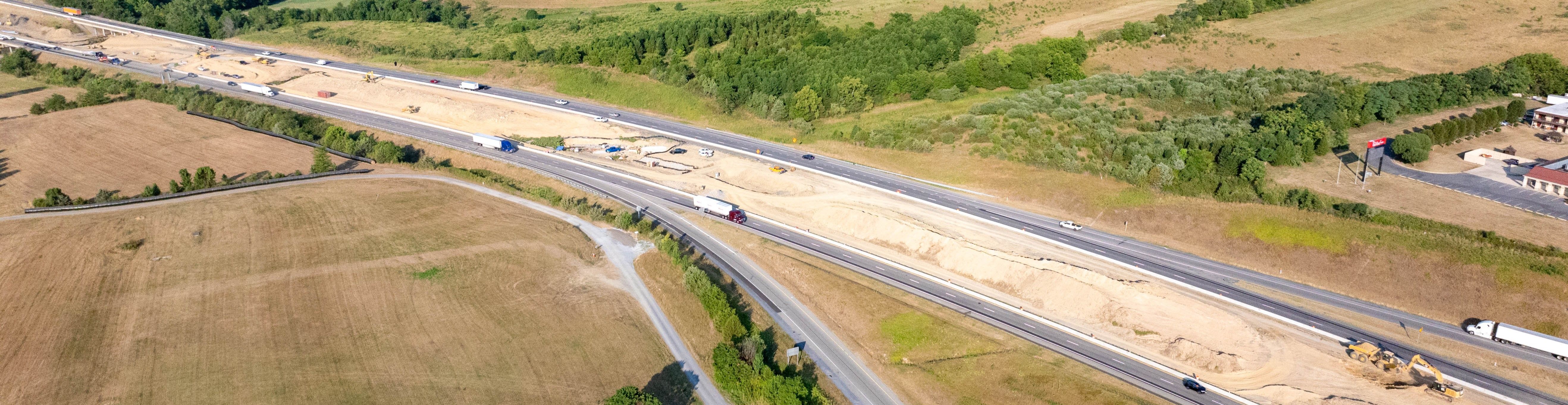 Aerial photo of I-81 near Staunton Virginia with construction taking place in the median