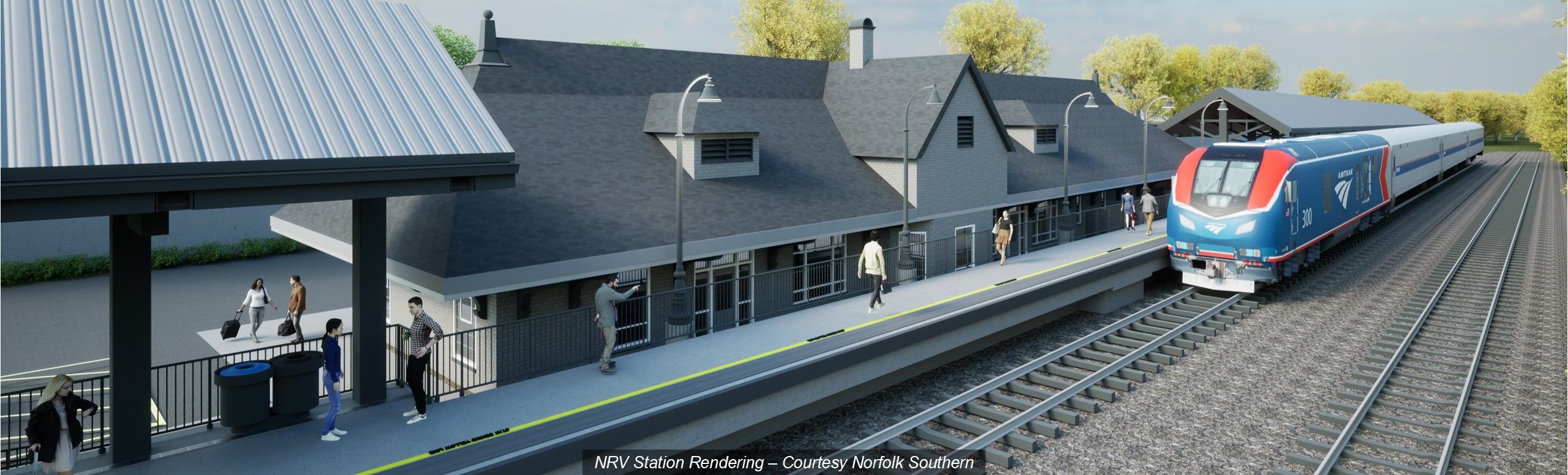 Computer rendering of a passenger train station, showing an approaching train and people on a trackside platform. Overlay text reads, NRV Station Rendering - Courtesy Norfolk Southern