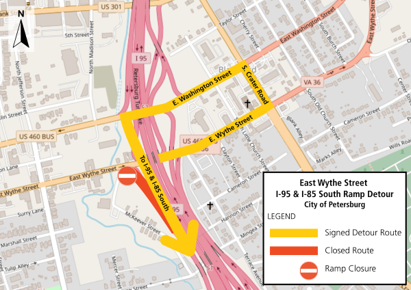 A map showing the Wythe Street ramp Closure in Petersburg